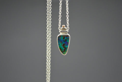Silver and Rose Gold Bright Green and Blue Boulder Opal Necklace