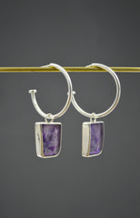 Silver Rectangular-ish Amethyst Hoops