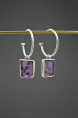 Silver Rectangular-ish Amethyst Hoops