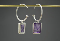 Silver Rectangular-ish Amethyst Hoops