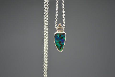 Silver and Rose Gold Bright Green and Blue Boulder Opal Necklace OOAK