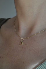 Gold necklace with a star pendant on a person's neck against a neutral background