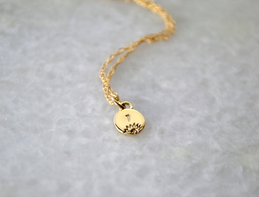 Tiny Flower Initial Charm Necklace, Yellow Brass and Gold Filled Chain