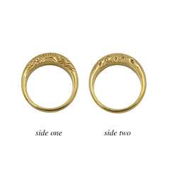 Night and Day Two Sided Ring in yellow brass. Shows one side of the ring with a hand carved rising sun and the other side of the ring with a crescent moon and twinkling stars.