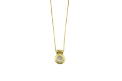 Moonstone cabochon in golden setting with hand carved etching of stars on tube shaped necklace bail